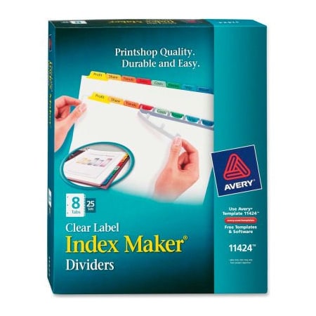 Avery Dennison Avery Index Maker Punched Clear Label Tab Divider, Blank, 8.5"x11", 8 Tabs, 25 Sets, White/Multi 11424